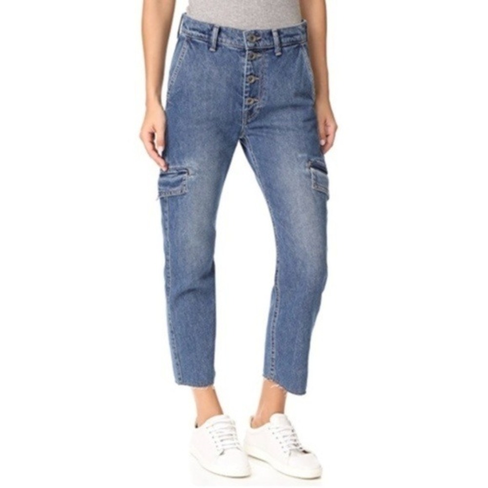 Vince Cargo Jeans Women 29 Medium Wash Blue Button Fly Raw Hem Straight Leg